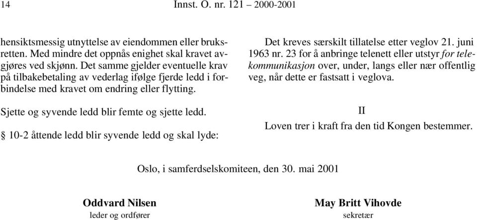 10-2 åttende ledd blir syvende ledd og skal lyde: Det kreves særskilt tillatelse etter veglov 21. juni 1963 nr.