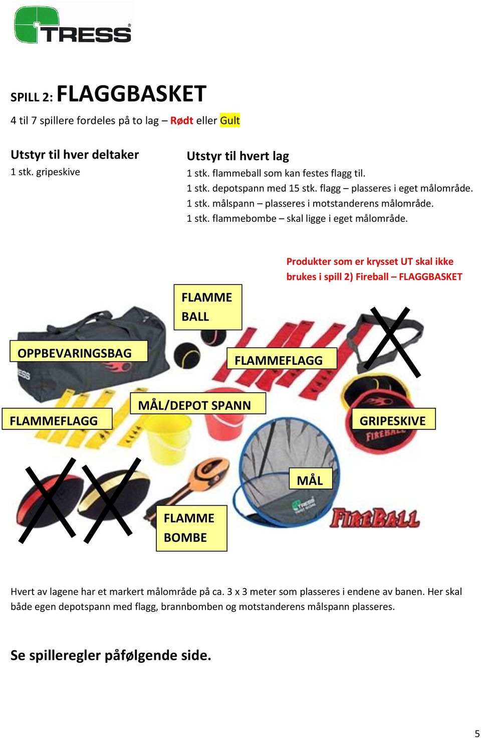 Produkter som er krysset UT skal ikke brukes i spill 2) Fireball FLAGGBASKET FLAMME BALL OPPBEVARINGSBAG MÅL/DEPOT SPANN GRIPESKIVE MÅL FLAMME BOMBE Hvert av lagene har et