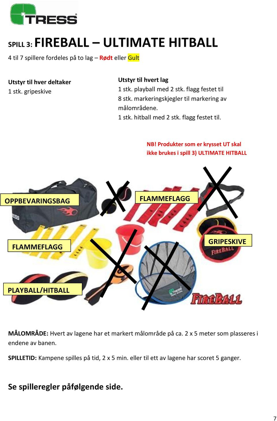 Produkter som er krysset UT skal ikke brukes i spill 3) ULTIMATE HITBALL OPPBEVARINGSBAG GRIPESKIVE PLAYBALL/HITBALL MÅLOMRÅDE: Hvert av lagene har et markert