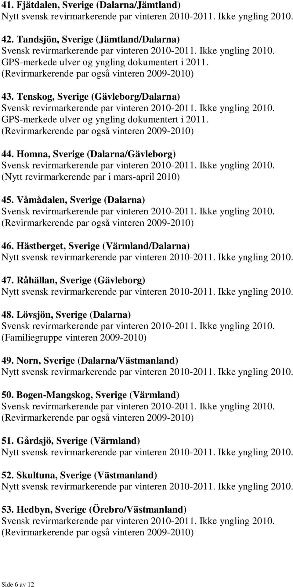 Homna, Sverige (Dalarna/Gävleborg) (Nytt revirmarkerende par i mars-april 2010) 45. Våmådalen, Sverige (Dalarna) 46. Hästberget, Sverige (Värmland/Dalarna) 47.