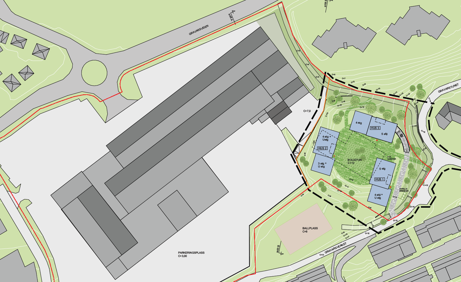 Planområdet ligger rundt 100 m sørøst for Gravarsveien, bak MAXI og boligblokkene i Gravarskroken 1 og 3.