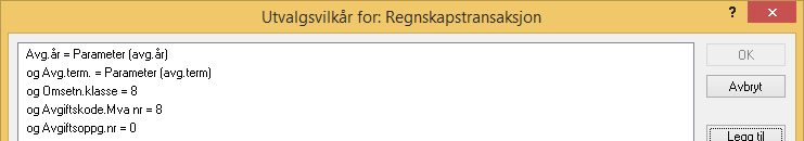 Grunnlagselement (-309.000,-): Summeringsfelt navn: «Bokført beløp» (NB!) Utvalgskriterier for grunnlag post 9: Avgift element (-20.