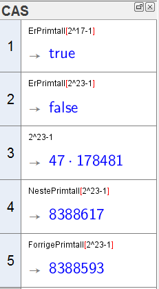 Primtallanalyse I GeoGebra 4. er det tre kommandoer som er egnet til å undersøke primtall. Vi vil undersøke om 17 3 1 og/eller 1 er primtall.