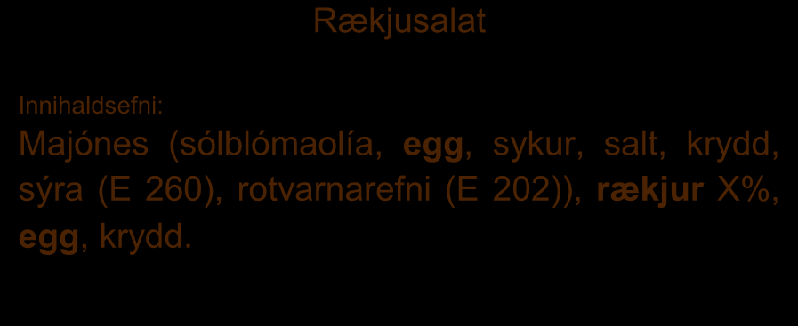 Dæmi 1: Mjólkursúkkulaði Í heiti: Mjólkursúkkulaði, möndlur Mjólkursúkkulaði (75,9%) með kornflexi (19%) og möndlum (5,1 %) Á lista yfir innihaldsefni: Bygg, mjólk og mjólkurafurðir, möndlur og soja.