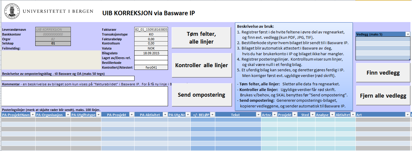 Eksempel - skjema KO Korreksjoner/omposteringer i PA og GL Info.