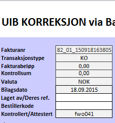 Ferdig utfylte felter i bilagshodet: Fakturanummer: Organisasjonsnummer + selskapskode + dato + klokkeslett (time/min/sek) Transaksjonstype: Hentes på bakgrunn av