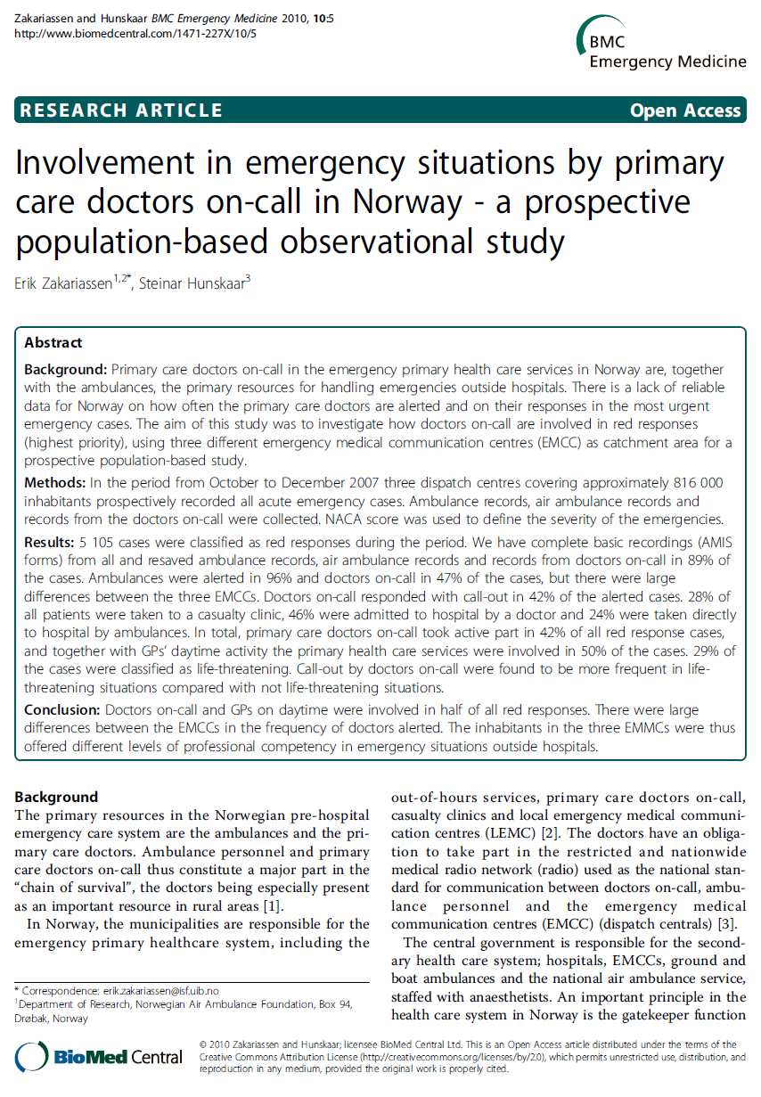 AMK-sentralene i Norge alarmere LV-legene i 50 % av rød respons tilfellene Brudd