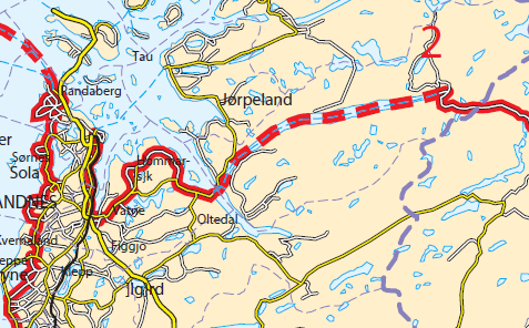 I dag går også nasjonal sykkelrute nr. 2 via Lysefjorden, se figur.