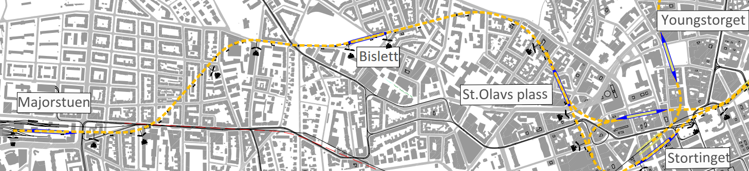 Tabell 2 Nøkkeltall for de ulike T-banetraseene mellom Majorstuen og Ensjø.