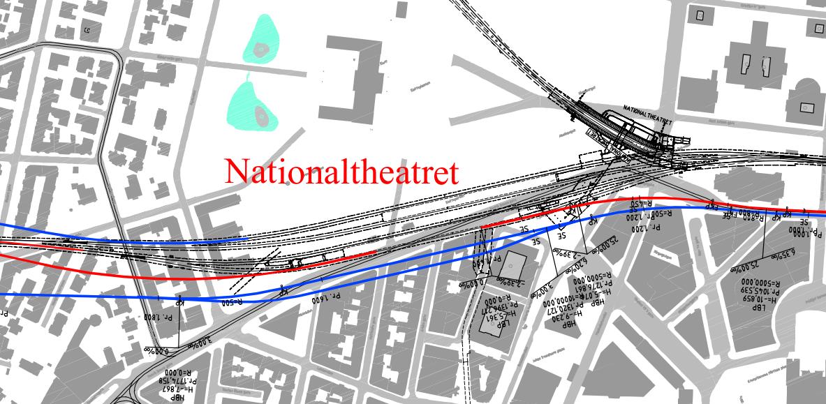 Figur 53: Oversiktstegning jernbanetrasé for regiontog til Nationaltheatret Traseen starter i en fjelltunnel på sørsiden av eksisterende jernbane og T-bane.