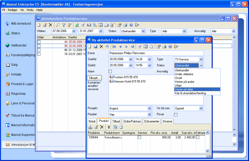 MAMUT ENTERPRISE HELPDESK PRODUKT OG KUNDESERVICE SLIK BRUKER DU SYSTEMET Trinn 1: Registrering av aktiviteter Verkstedssjefen ønsker å pprette en Ny Aktivitet (serviceppdrag) på en flatskjerm sm har