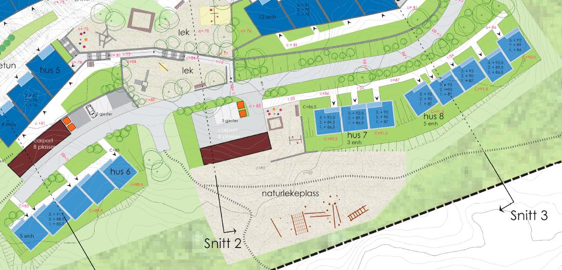 Utsnitt frå illustrasjonsplan ved hus 6, 7 og 8 Felles leikeområde Det er plassert felles leikeplassar sentralt i feltet, og administrasjonen