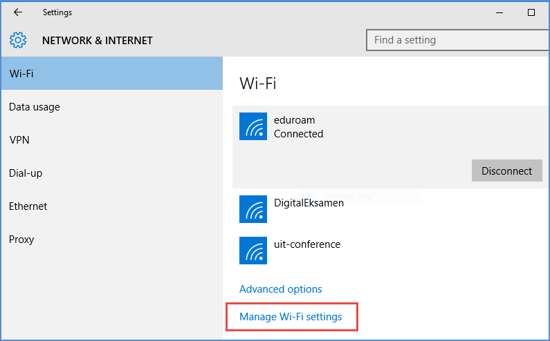 configuration file from https://cat.eduroam.org or by following this guidance manual. Klikk på symbolet for trådløst nettverk, deretter Network settings.