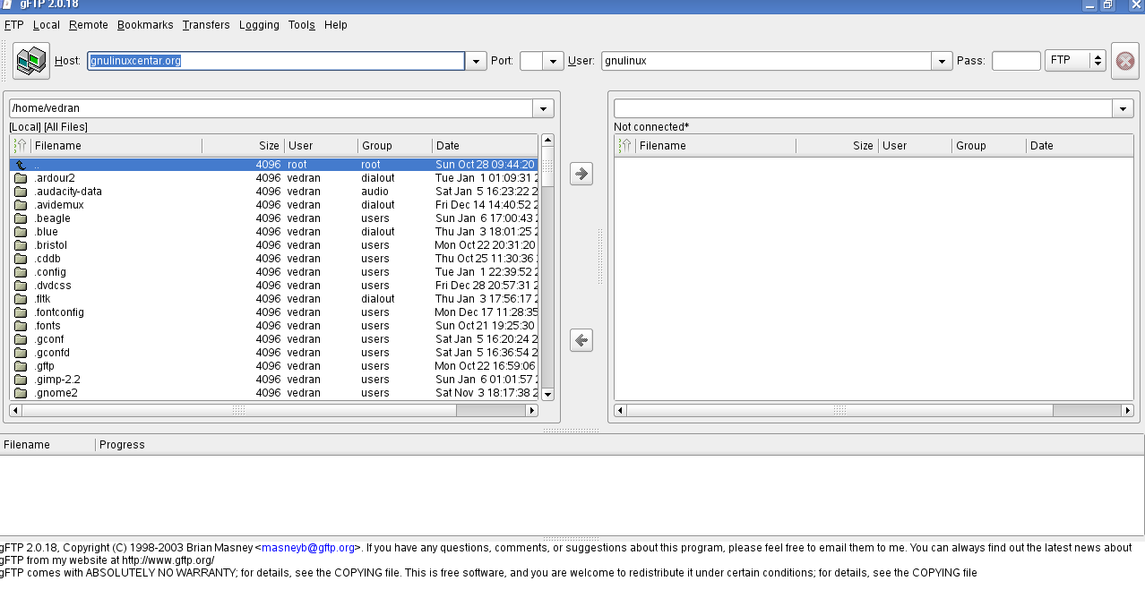 prikaz ekrana za izvršavanje transfera datoteka sa lokalnog kompjutera na udaljeni i obrnuto U GNU/Linux operativnom sistemu postoji nekoliko programa za pregledavanje WWW sadržaja, a među