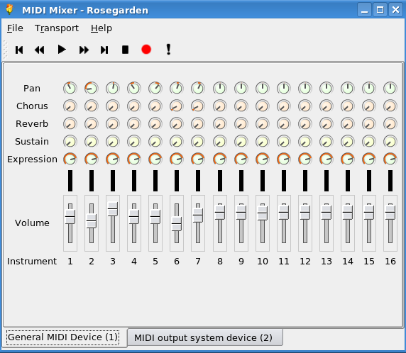 promena tempa u programu Rosegarden U Rosegardenu postoji i MIDI mikseta, koja omogućava da se za svih 16 instrumenata obavlja kontrola sviranja.