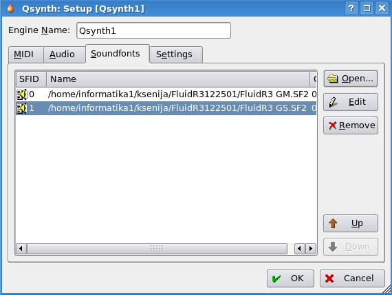 odabir soundfontova u programu Qsynth Nakon toga je potrebno da odaberemo soundfont koji želimo da se učita u Qsynth.