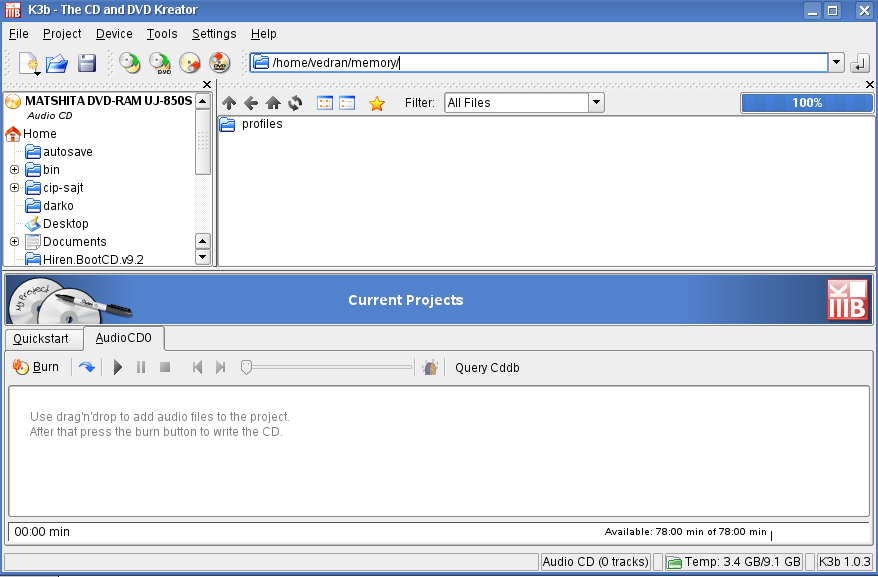 grafički interfejs programa K3B omogućava laku upotrebu programa Ako želimo u programu K3B da snimimo audio datoteke na CD medij onda stavimo prazan CD medij u naš DVD ili CD pisač i u donjem delu