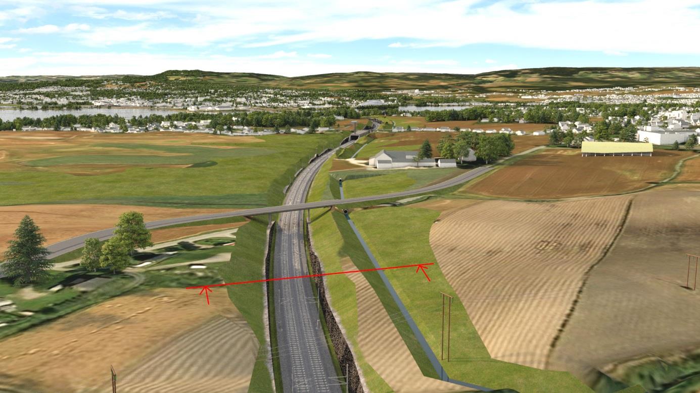 Figur 6-22 Snitt viser omlegging av Brenneribekken rett sør Gubberudvegen og Nordstad gård Figur 6-23 Utklippbilde viser markering rett sør Gubberudvegen og Nordstad gård I videre planarbeid skal det