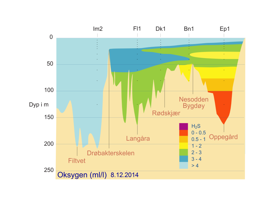 Oksygenforhold i desember 014 Trenden med synkende oksygenkonsentrasjon i Bunnefjorden fortsetter. Konsentrasjonen i Bunnefjordens dypvann har nå nådd 0,20 ml/l på 150 m dyp.