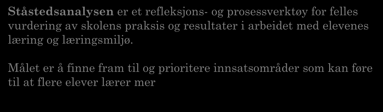 STÅSTEDSANALYSEN Ståstedsanalysen er et refleksjons- og prosessverktøy for felles vurdering av skolens praksis og resultater i arbeidet med elevenes læring og læringsmiljø.