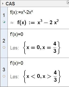 40 Kombinasjon av kommandoer 3 2 Vi har funksjonen f ( x) x 2x. Løs likningen f ( x) 0 og ulikheten f ( x) 0.