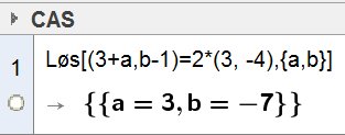 50 Skalarprodukt Finn skalarproduktet av u 2, 3 og v [ 3,4]. Skriv u: = (2, 3), v: = ( 3, 4) og deretter u*v i CAS. (Små bokstaver er navn på vektorer, store bokstaver er navn på punkter.