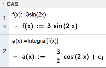 57 CAS Integral Ubestemt integral Bestem integralet 3sin(2 x ) dx. Skriv inn f ( x) : 3sin(2 x) i CAS-vinduet. Klikk på, og deretter på Integral. Da får du dette bildet: Merk!