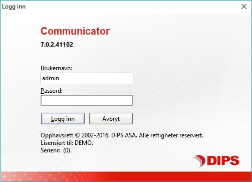 Du får så opp påloggingsbildet: Dette inneholder informasjon om versjonsnummer av DIPS Communicator samt informasjon om lisensen som er lagt inn.