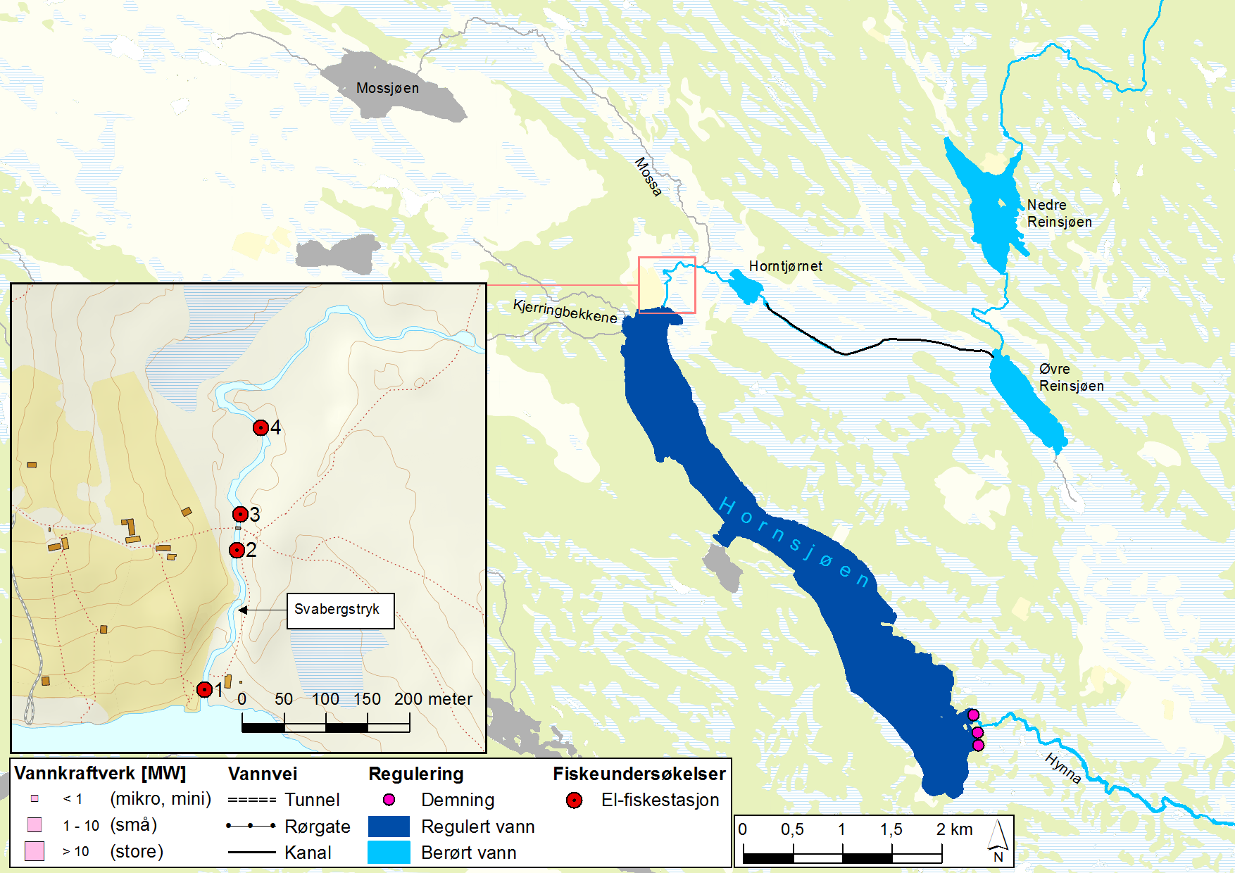 Figur 88: Kart over området rundt Hornsjøen, samt el-fiskestasjoner i Mossa. Kartgrunnlag: Kartverket og NVE 4.6.1.1 Resultater Det ble 6. oktober 2015 el-fisket på fire stasjoner i Mossa.