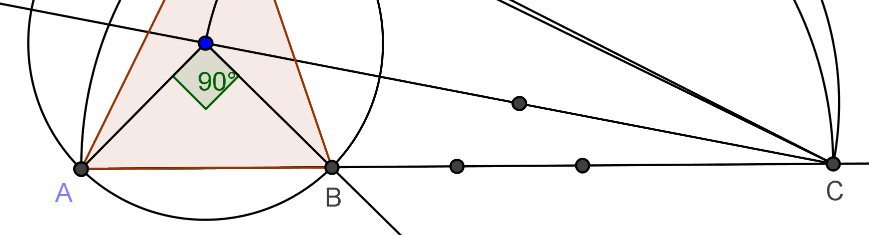 til oppgaver i avsnitt.4 a. Figuren er i halv målestokk. Vi starter med å slå sirkelen med radius 3 cm, og en sentralvinkel på 90 for å finne hjørnene A og B. Da må AB = 3 cm b.