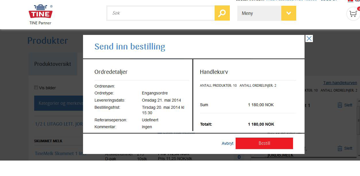 Du får nå opp en oppsummeringsside med oversikt over ordredetaljene samt antall varer og ordrelinjer i handlekurven. NB: Ordren er ikke sendt inn ennå.