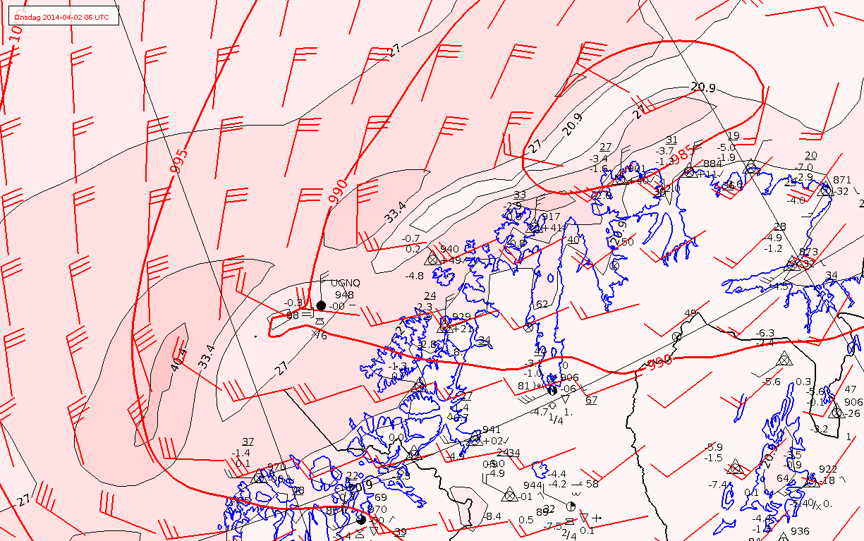 Observasjoner brukes ofte til fortløpende validering av modellen H12 +6t Liten storm 22 m/s? Liten kuling 12 m/s?