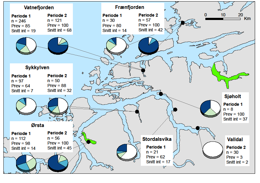 Figur 7. Undersøkte stasjoner i Møre og Romsdal. Kakediagrammet viser andel med mer enn 0,1, 0,2 og 0,3 lakselus per gram kroppsvekt hos den undersøkte fisken på hver lokalitet i begge perioder.