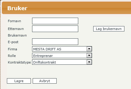 Del II - For Statens vegvesen 36 1.2.2.1 Ny bruker For å opprette en ny bruker må man klikke på knappen Ny bruker i skjermbildet for brukeradministrasjon.
