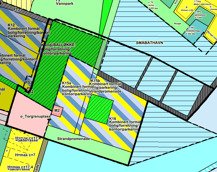 Figur 2: Planområdet slik det er regulert i plan 1426 Mens plan 1426 legger opp til en bebyggelse med stort fotavtrykk, og byggehøyder som følger opp bebyggelsen i områdene rundt, legger