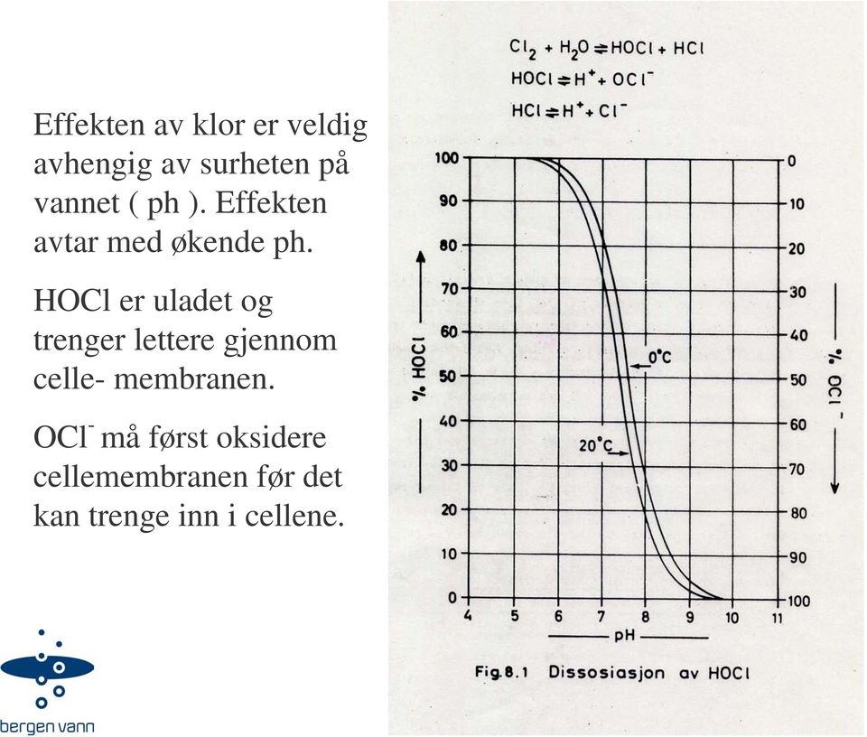 HOCl er uladet og trenger lettere gjennom celle-