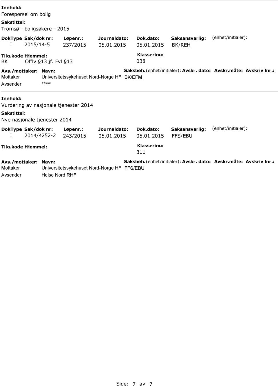 : Mottaker niversitetssykehuset Nord-Norge HF BK/EFM ***** Vurdering av nasjonale tjenester 2014 Nye nasjonale