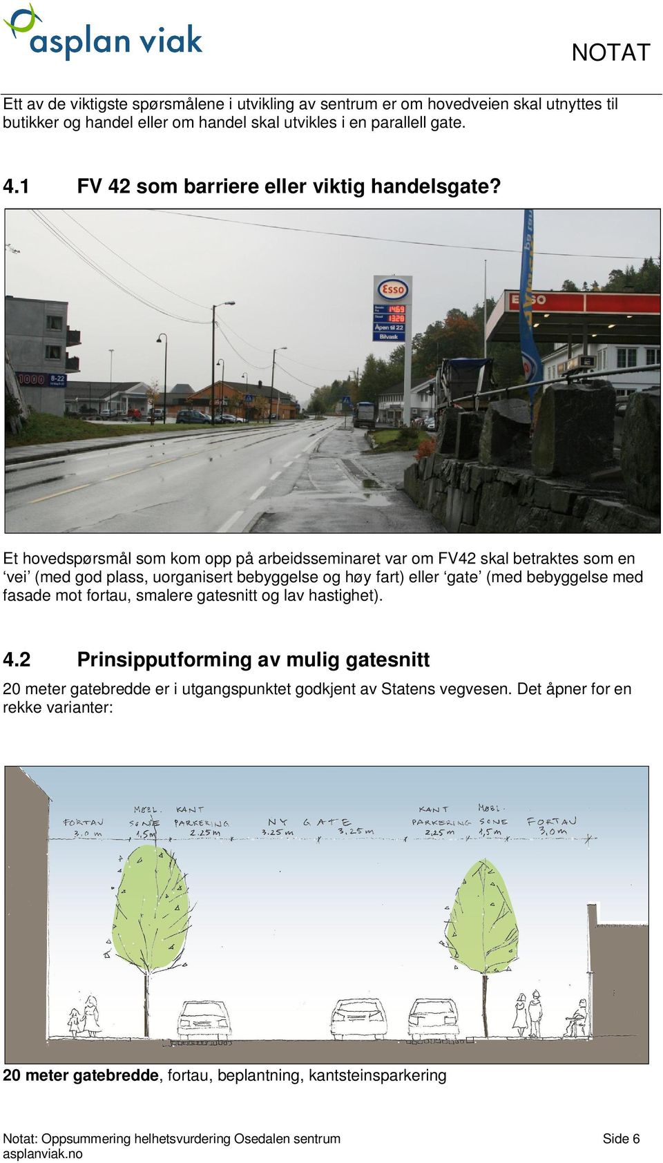 Et hovedspørsmål som kom opp på arbeidsseminaret var om FV42 skal betraktes som en vei (med god plass, uorganisert bebyggelse og høy fart) eller gate (med bebyggelse med