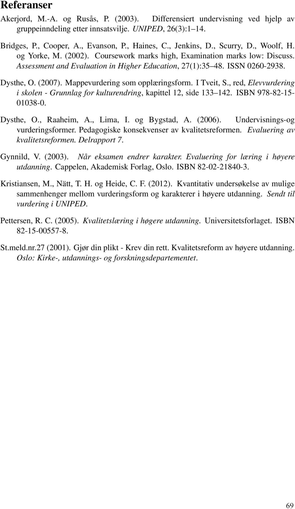 (2007). Mappevurdering som opplæringsform. I Tveit, S., red, Elevvurdering i skolen - Grunnlag for kulturendring, kapittel 12, side 133 142. ISBN 978-82-15-01038-0. Dysthe, O., Raaheim, A., Lima, I.