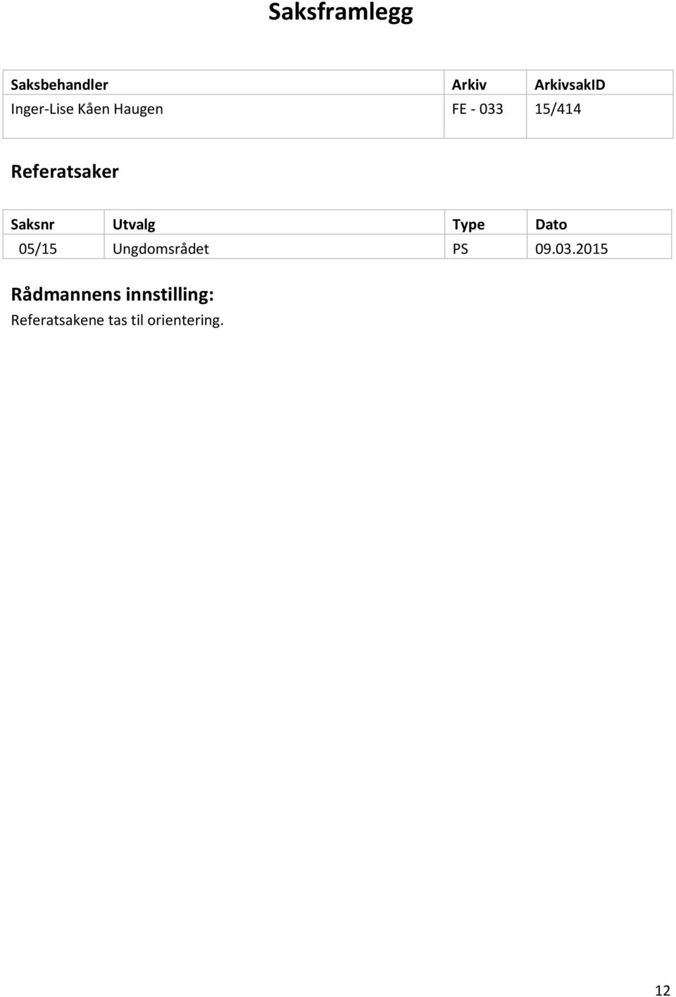 Saksnr Utvalg Type Dato 05/15 Ungdomsrådet PS 09.03.