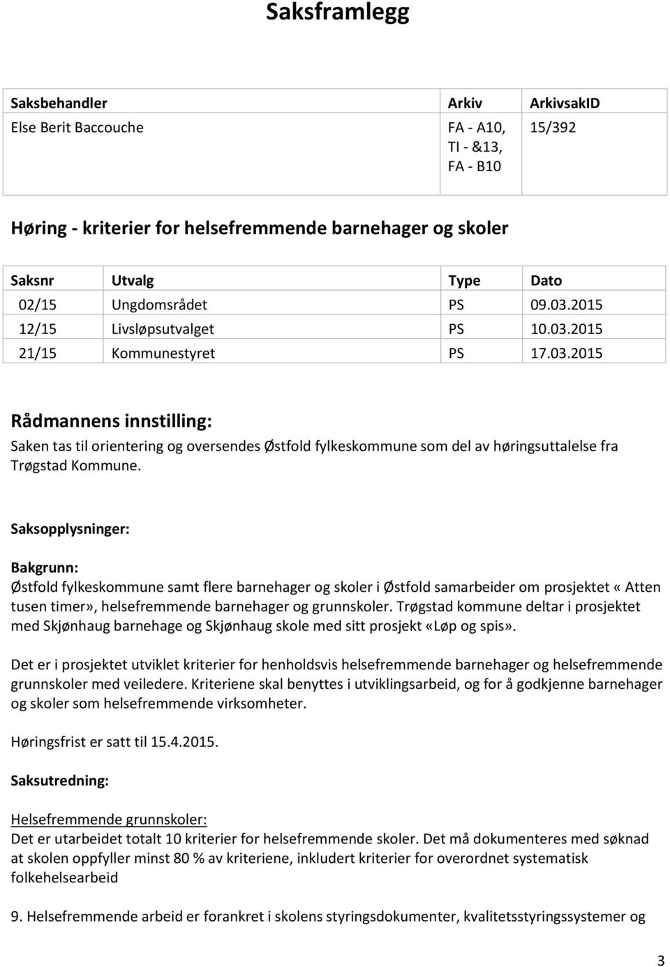 Saksopplysninger: Bakgrunn: Østfold fylkeskommune samt flere barnehager og skoler i Østfold samarbeider om prosjektet «Atten tusen timer», helsefremmende barnehager og grunnskoler.