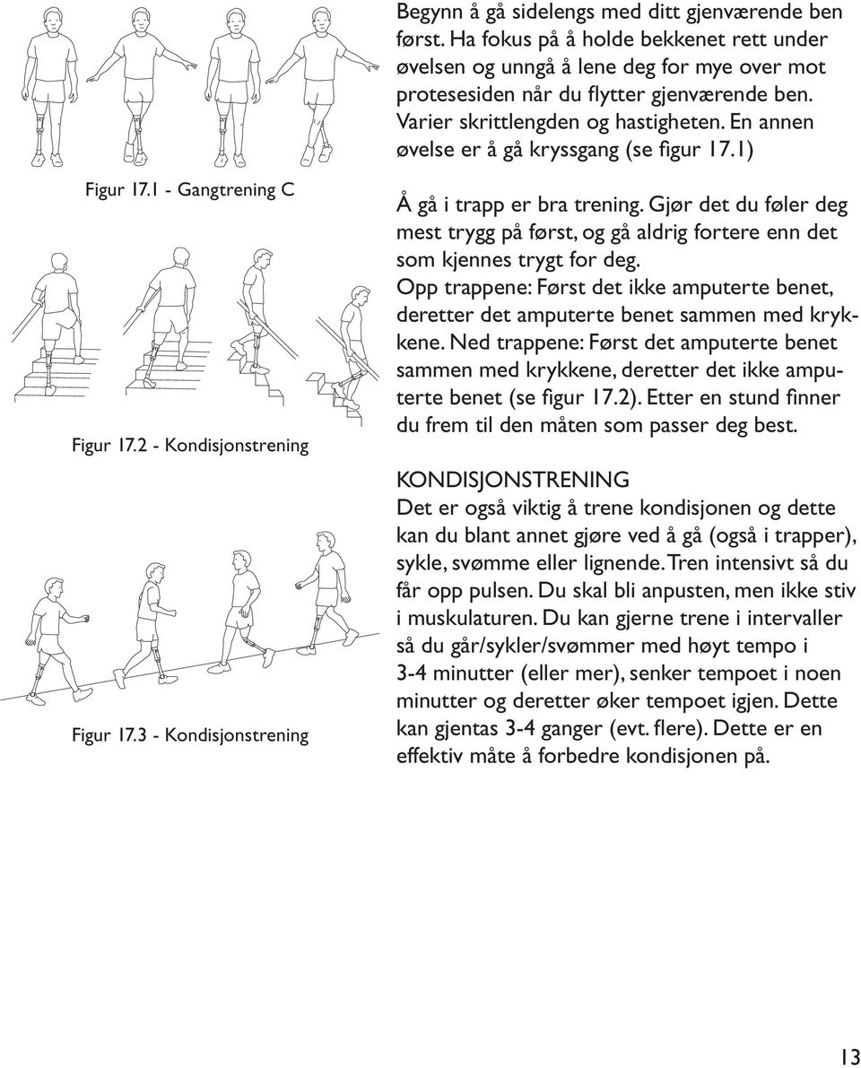 3 - Kondisjonstrening Å gå i trapp er bra trening. Gjør det du føler deg mest trygg på først, og gå aldrig fortere enn det som kjennes trygt for deg.