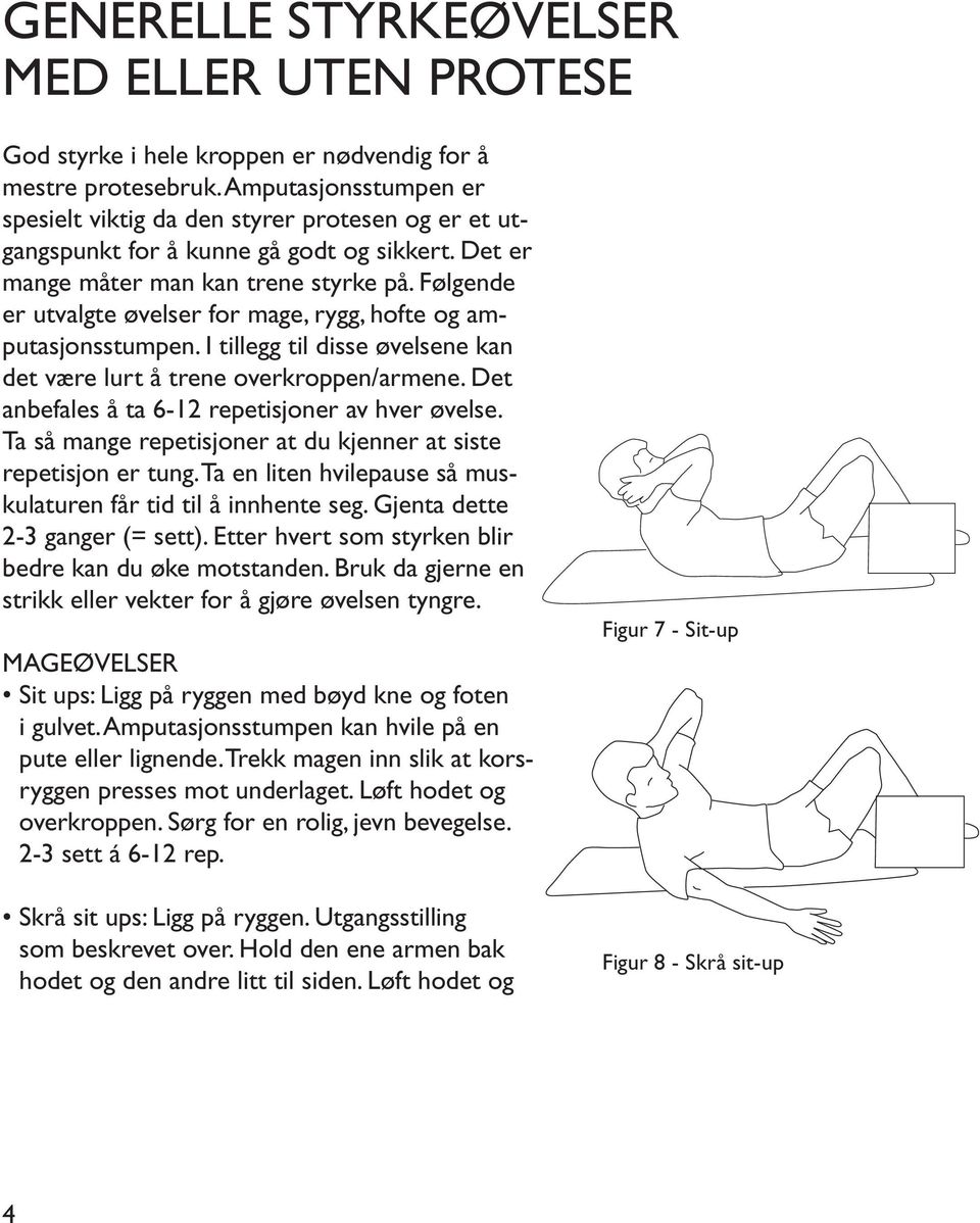 Følgende er utvalgte øvelser for mage, rygg, hofte og amputasjonsstumpen. I tillegg til disse øvelsene kan det være lurt å trene overkroppen/armene.