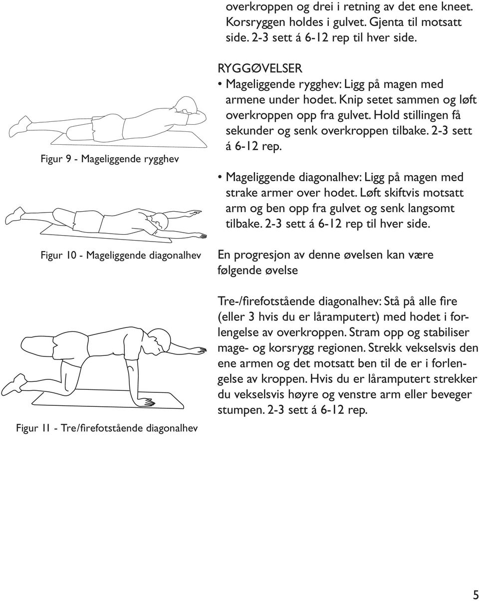 Knip setet sammen og løft overkroppen opp fra gulvet. Hold stillingen få sekunder og senk overkroppen tilbake. 2-3 sett á 6-12 rep. Mageliggende diagonalhev: Ligg på magen med strake armer over hodet.