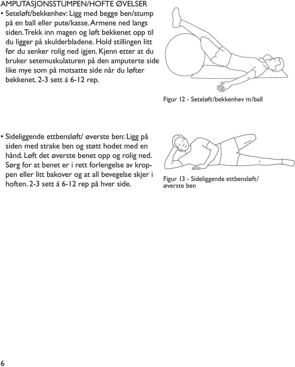 Kjenn etter at du bruker setemuskulaturen på den amputerte side like mye som på motsatte side når du løfter bekkenet. 2-3 sett á 6-12 rep.