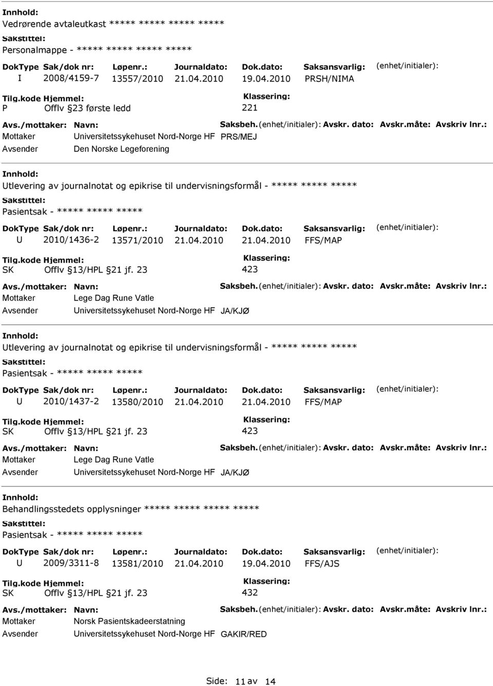 niversitetssykehuset Nord-Norge HF JA/KJØ tlevering av journalnotat og epikrise til undervisningsformål - ***** ***** ***** 2010/1437-2 13580/2010 Mottaker Lege Dag Rune Vatle