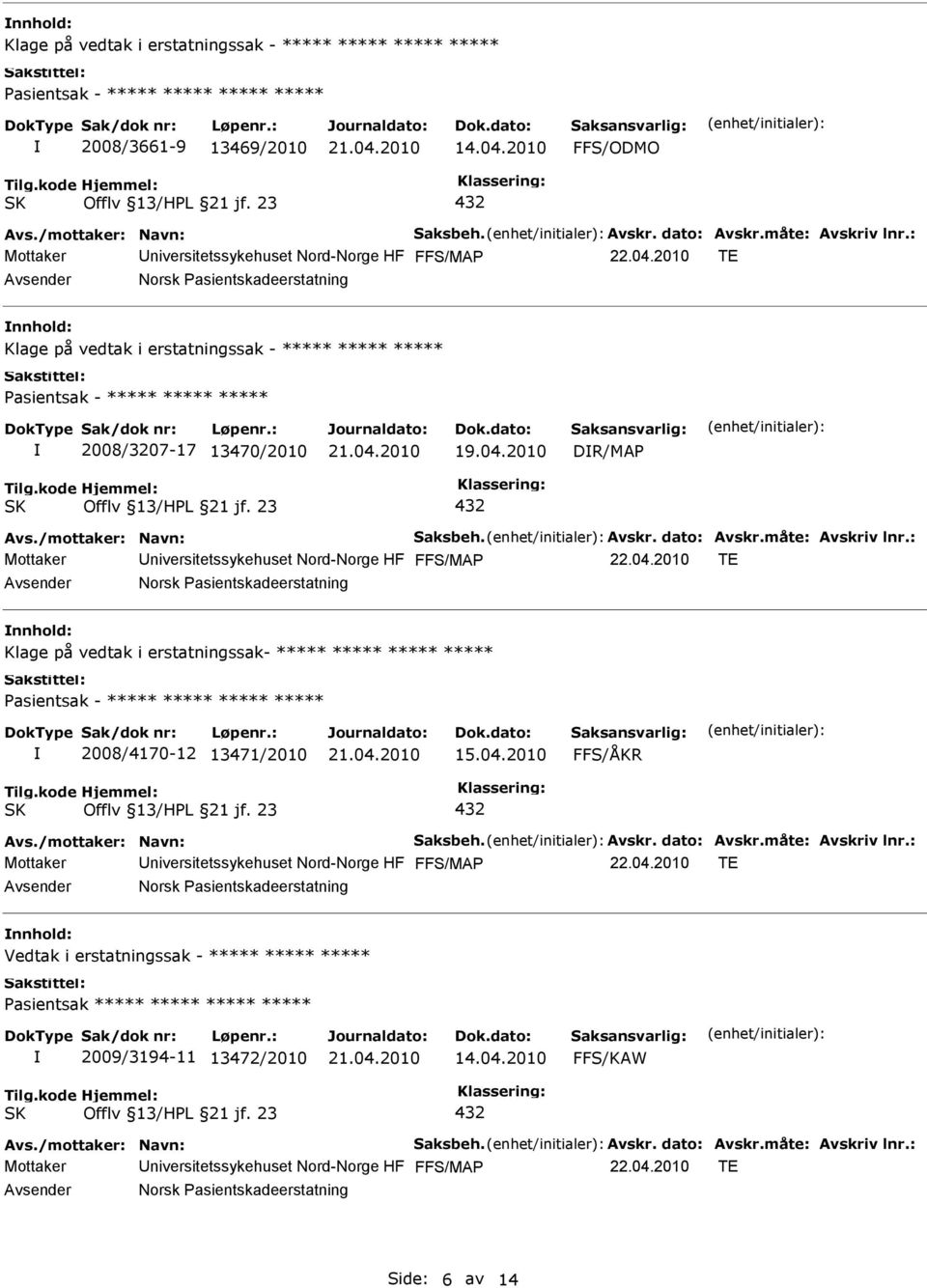 Mottaker niversitetssykehuset Nord-Norge HF Norsk Pasientskadeerstatning Klage på vedtak i erstatningssak- ***** ***** ***** ***** ***** 2008/4170-12 13471/2010 15.04.