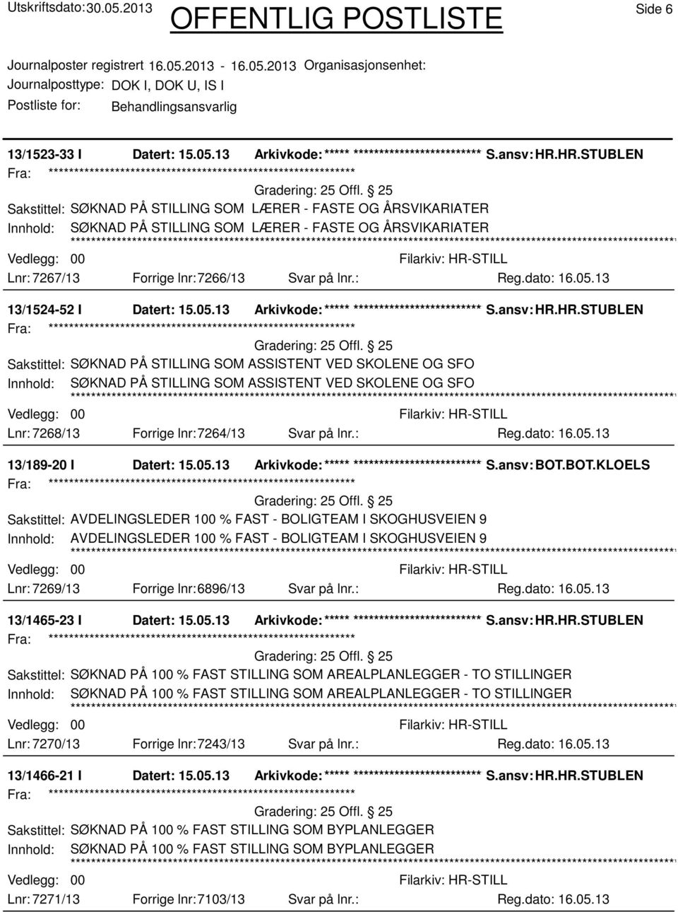 : 13/1524-52 I Datert: 15.05.13 Arkivkode:***** ****************************** S.ansv: HR.HR.STUBLEN Lnr: 7268/13 Forrige lnr:7264/13 Svar på lnr.: 13/189-20 I Datert: 15.05.13 Arkivkode:***** ****************************** S.ansv: BOT.