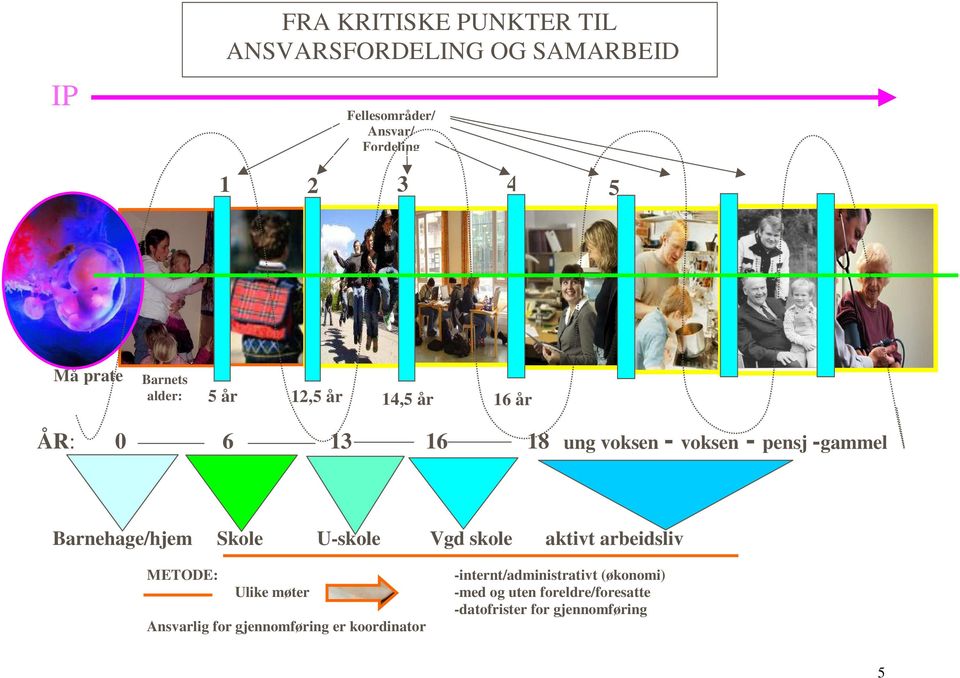 Barnehage/hjem Skole U-skole Vgd skole aktivt arbeidsliv METODE: -internt/administrativt (økonomi) Ulike