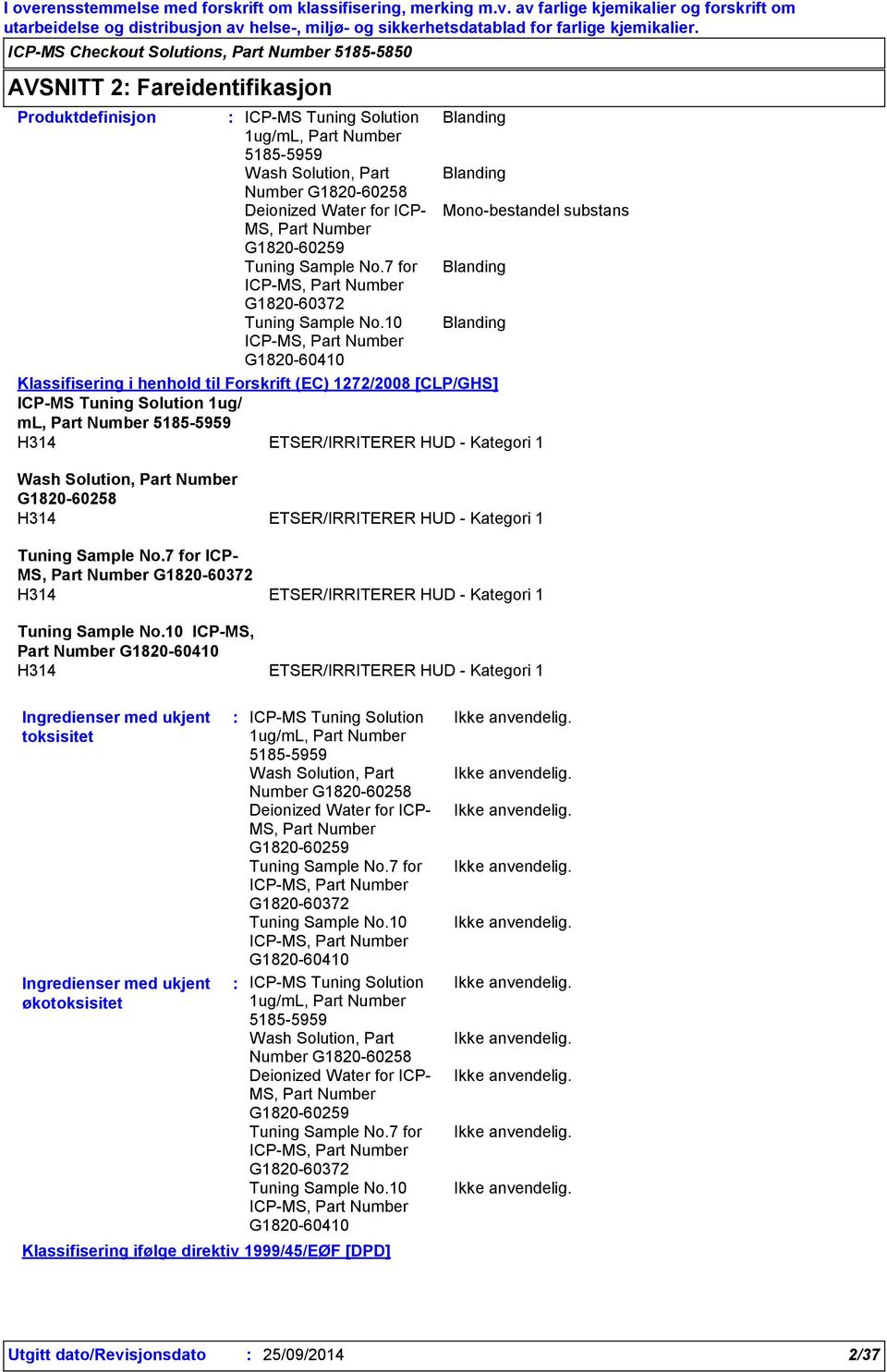 - Kategori 1 ICP- H314 ETSER/IRRITERER HUD - Kategori 1 ICP-MS, Part Number H314 ETSER/IRRITERER HUD - Kategori 1 Ingredienser med ukjent